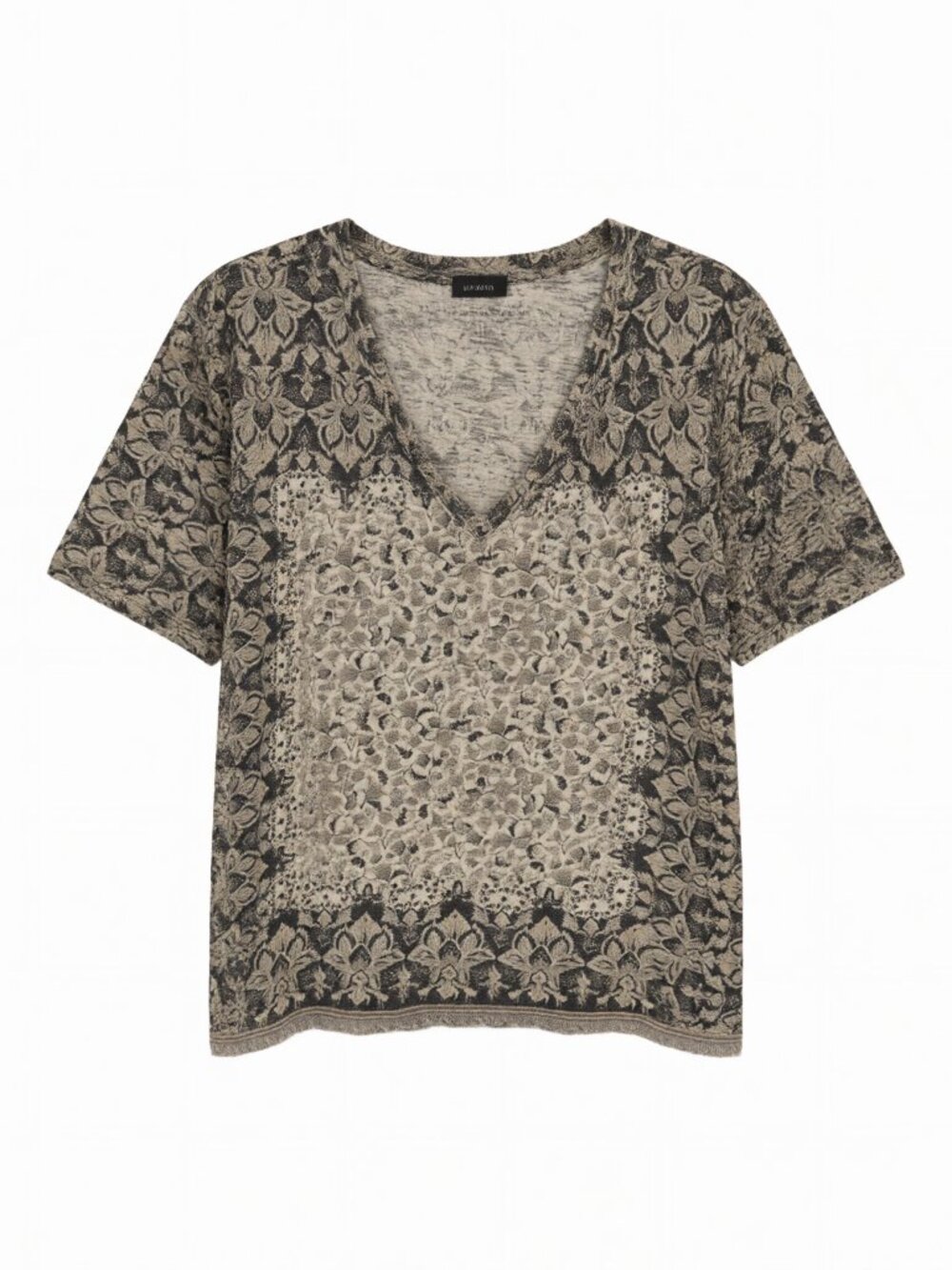 Lucky Brand Black Beige V-Neck Top 2X Black Floral